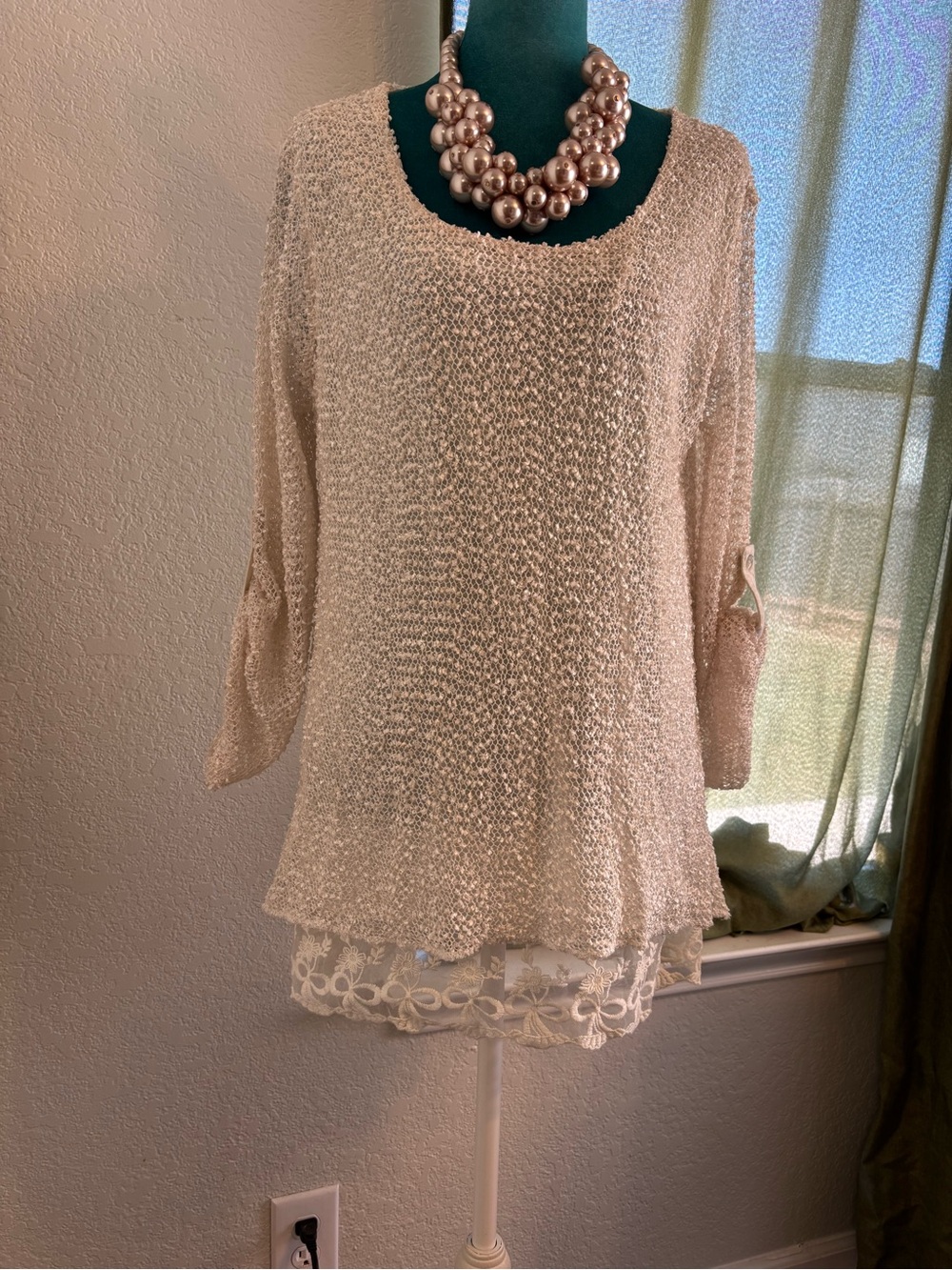 indigo soul Soft Cream Open-Knit Scoop Neck Blouse